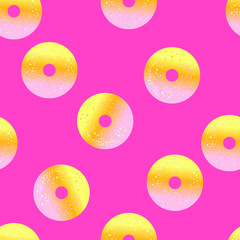 Seamless cute pattern with yellow donuts on pink background. 