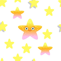 Fototapeta na wymiar Seamless pattern with yellow stars on white background. Children's pattern with Emoji stars.