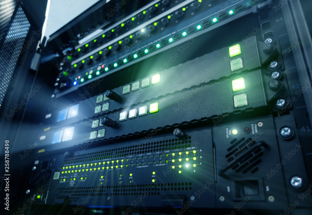 Poster panel modern servers in the data center. supercomuter telecommunication technology. server rack fuse