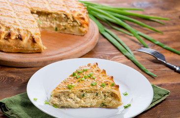 piece of Savory pie with filling on a wooden background with vegetables. Savory pie with filling.