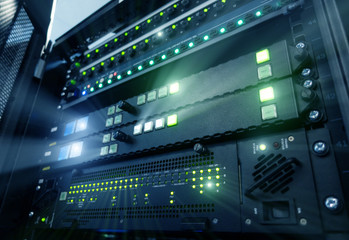 Panel modern servers in the data center. Supercomuter telecommunication technology. Server rack fuses