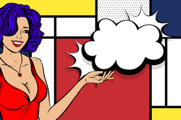 Pop art woman retro girl happy face