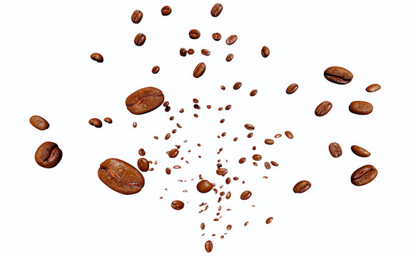 Steaming of brown coffee beans on white. 3d illustration.jpg