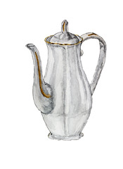 Watercolor illustration of a white coffee pot.