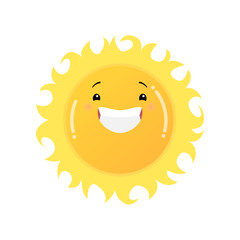 Smiling laughing yellow sun emoji sticker isolated on white background