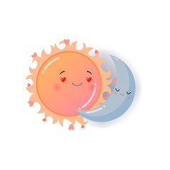 Orange sun and blue moon in love emoji sticker isolated on white background