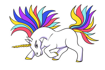 White Unicorn with rainbow hair vector illustration for children design. Cute fantasy animal. Isolated