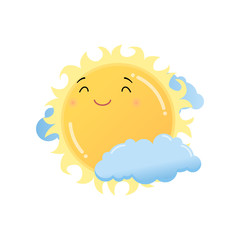 Cute satisfied yellow sun in clouds emoji sticker isolated on white background
