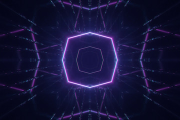 Abstract flying in futuristic corridor, fluorescent ultraviolet light, glowing colorful laser neon lines, geometric endless tunnel, blue pink spectrum, 3d illustration