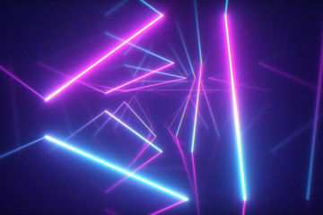 Abstract flying in futuristic corridor with triangles background, fluorescent ultraviolet light, colorful laser neon lines, geometric endless tunnel, blue pink spectrum, 3d illustration - obrazy, fototapety, plakaty
