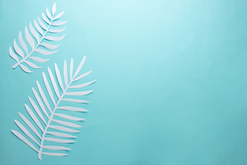 Tropical leaf pattern. Various paper leaves on a pastel background. art. Flat lay, top view. Background on light blue background. Lent background, summer mood