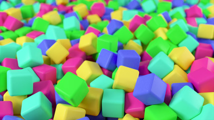 Colorful 3D illustration from a pile of abstract multicolored cubes rolling and falling from top to bottom.