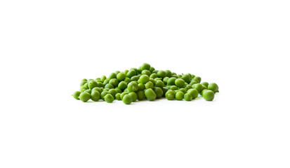 Green peas isolated on a white background. Vegetables with copy space for text. Fresh green peas on a white background. Studio photo. Isolated macro food photo close up from above on white background.