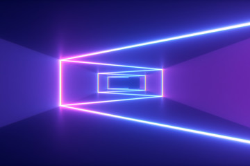 Abstract flying in futuristic corridor background, fluorescent ultraviolet light, glowing colorful laser neon lines, geometric endless tunnel, blue pink spectrum, 3d illustration