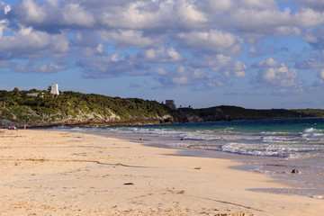 Panoramic view of the Mayan ruins (archaeological zone) - Tulum,Quintana roo, mexico