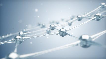 A network of molecules and atoms of glass and crystals constitute a single system. 3D illustration