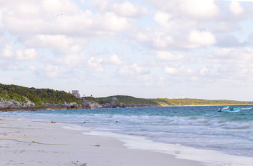 Sunset over the beach of the Mayan Riviera in Tulum, Quintana Roo, Mexico