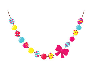 Bright beads with bow isolated on white background. Decorative glossy realistic elements. Symbol of Mardi Gras masquerade. Ornate bead for celebration design. Vector illustration