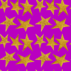 Seamless pattern with golden metallic stars on lilac background.
