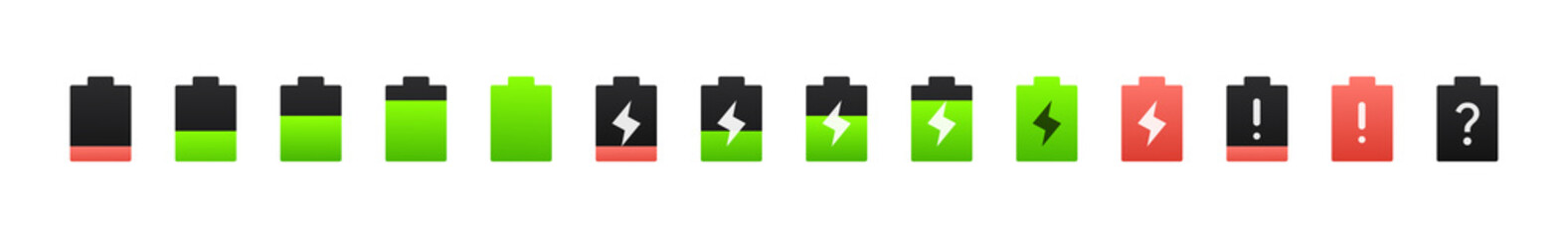 Battery charging vector illustration icons set, collection. Energy. All levels of battery fuel. Alkaline. 