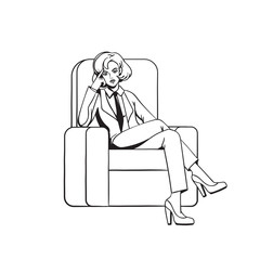 The girl sits cross-legged in the chair. Female boss with a stern thoughtful look. Pop art.