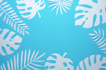 Tropical leaf pattern. Various paper leaves on a pastel background. art. Flat lay, top view. Background on blueprints. Loop background, summer mood