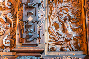 Bernardine church interior. Sacristy. Closeup of  Wood Carvings