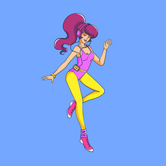 Pop art girl. A woman is dancing, playing sports, fitness, to music from a cassette player