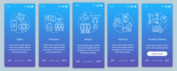 Leadership skills onboarding mobile app page screen vector templ