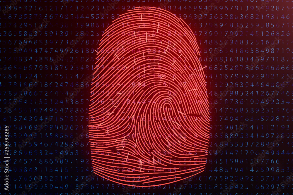 Poster 3d illustration fingerprint scan provides security access with biometrics identification. concept fi