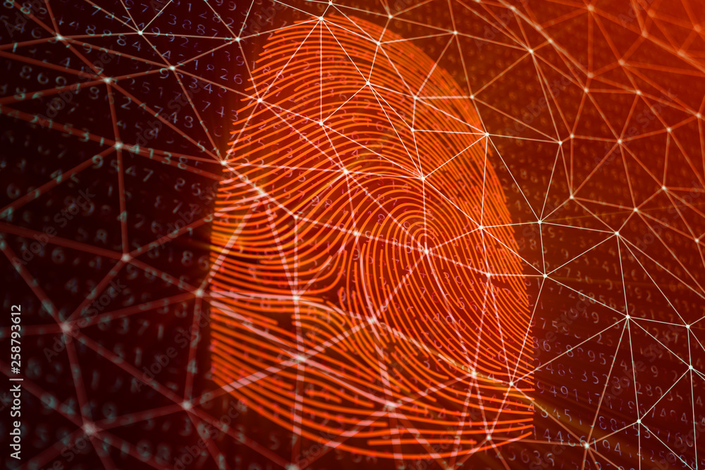 Poster 3d illustration fingerprint scan provides security access with biometrics identification. concept fi