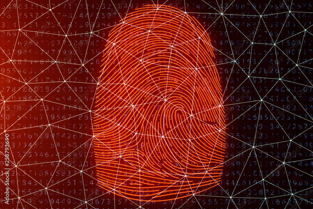 Poster 3d illustration fingerprint scan provides security access with biometrics identification. concept fi