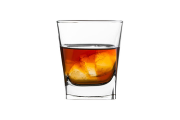 glass of whiskey or cognac with ice over white background