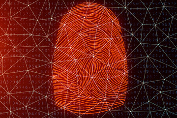 3D illustration Fingerprint scan provides security access with biometrics identification. Concept fingerprint hacking, threat. Finger print with binary code. Concept of digital security.