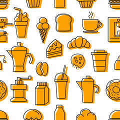 Set of linear yellow icons for coffee shop pattern seamless with White Background. Vector illustration. 