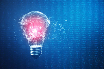 3D Illustration Exploding light bulb on a blue background, with concept creative thinking and innovative solutions. Red glow in the center concept virus. Binary code