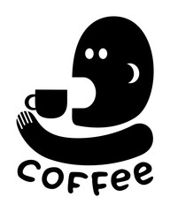 Obraz premium Silhouette of a man with a cup of coffee and the inscription - coffee. Character abstract drawing. Vector graphics.