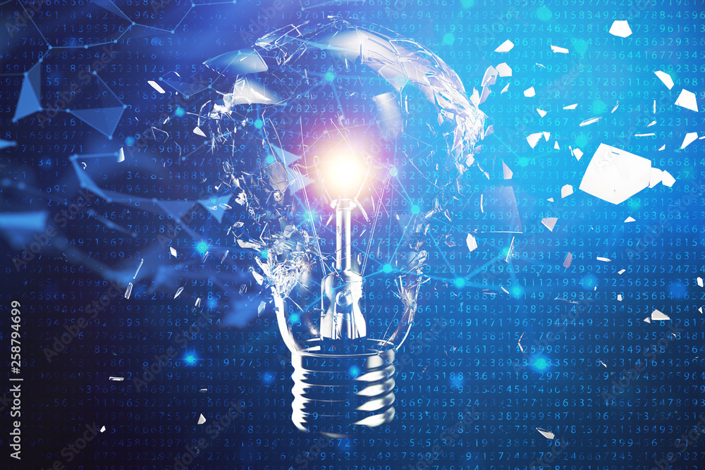 Aufkleber 3d illustration exploding light bulb on a blue background, concept creative thinking and innovative 