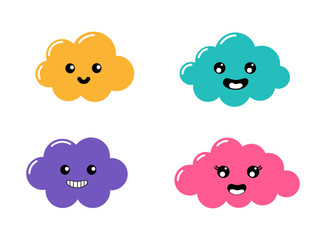 kawaii Pastel Cuts clouds cartoon with Funny Faces isolated on White Background. Vector illustration.