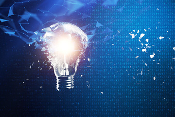 3D illustration exploding light bulb on a blue background, concept creative thinking and innovative solutions. Network connection lines and dots. Innovative idea.