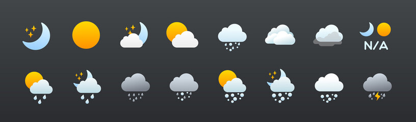 Weather icons vector set. All type of weather conditions, temperature, cloud, sky symbols set, collection. Sunny, cloudy, rainy, stormy, hot degree sun. Seasons. Mobile application, ui ux icons. - obrazy, fototapety, plakaty