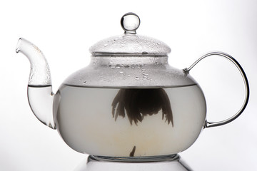 glass teapot with boiling water, on the walls of a drop of steam, inside the teapot opens green tea flower. photo in a light key on a white background.