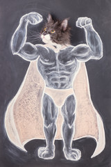  Front view of close-up of strong and bold superhero. Strong cat - man. Cat bodybuilder. Fintness club logo.
