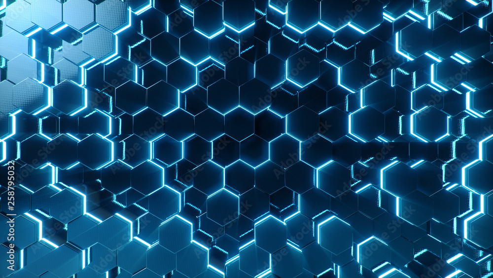 Aufkleber abstract blue of futuristic surface hexagon pattern with light rays. blue geometric hexagonal abstra