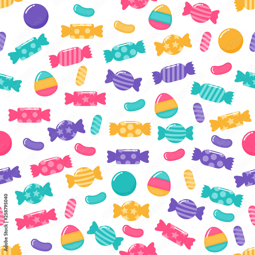 Wall mural kawaii cute pastel candy sweet desserts seamless pattern with different types on white background fo