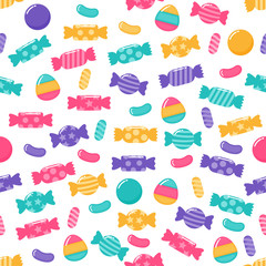 kawaii Cute Pastel Candy sweet desserts Seamless pattern with different types on White Background for cafe or restaurant. illustration Vector.