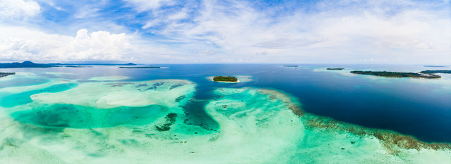 Aerial view Banyak Islands Sumatra tropical archipelago Indonesia, Aceh, coral reef white sand beach. Top travel tourist destination, best diving snorkeling.