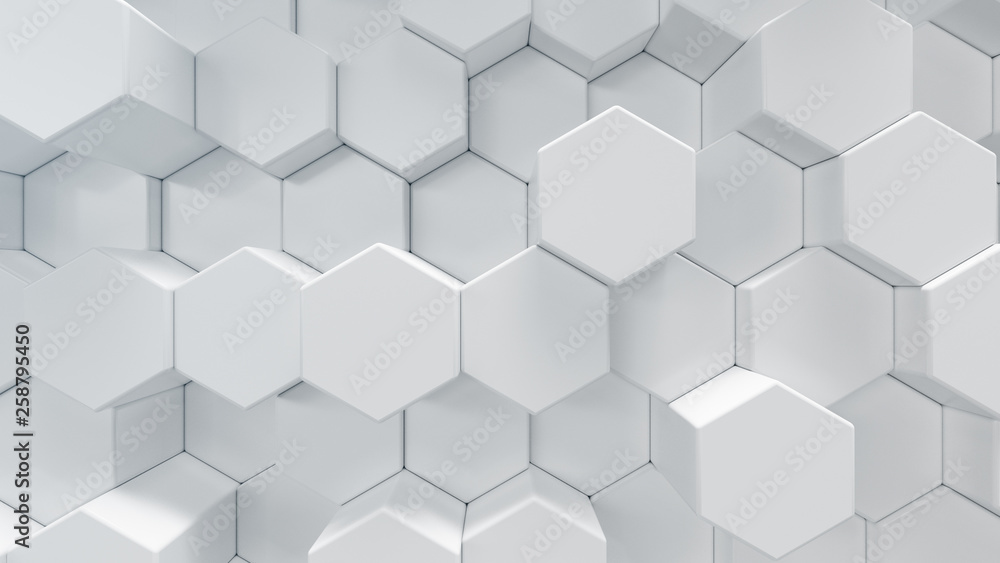 Poster 3d illustration white geometric hexagon abstract background. surface hexagon pattern, hexagonal hone
