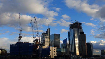 Fototapeta na wymiar Photo from iconic modern skyscrapers in business district of Bank as seen from rooftop at dusk with beautiful clouds, London, United Kingdom