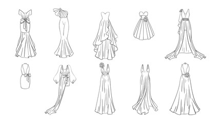 A set of different dresses. Modern and classic style. Dresses for prom, gala evening, wedding, masquerade, points. 